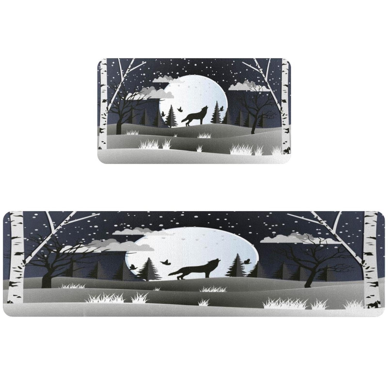 Tapis de cuisine motif forêt loup et lune | Lot de 2 tapis de sol lavables et absorbants