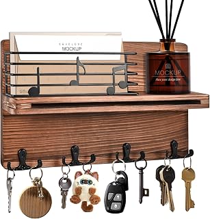 Herboom Organizador de llaves con estante, soporte para llaves con decoración, con 4 ganchos, multifuncional, para entrada, pasillo, dormitorio, salón, color marrón