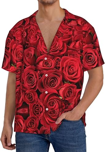 トップス UNUSED Rose Pattern Short-Sleeve Shirt Cchgkpd Red Rose Print Men's Short Sleeve Button-Down Shirt
