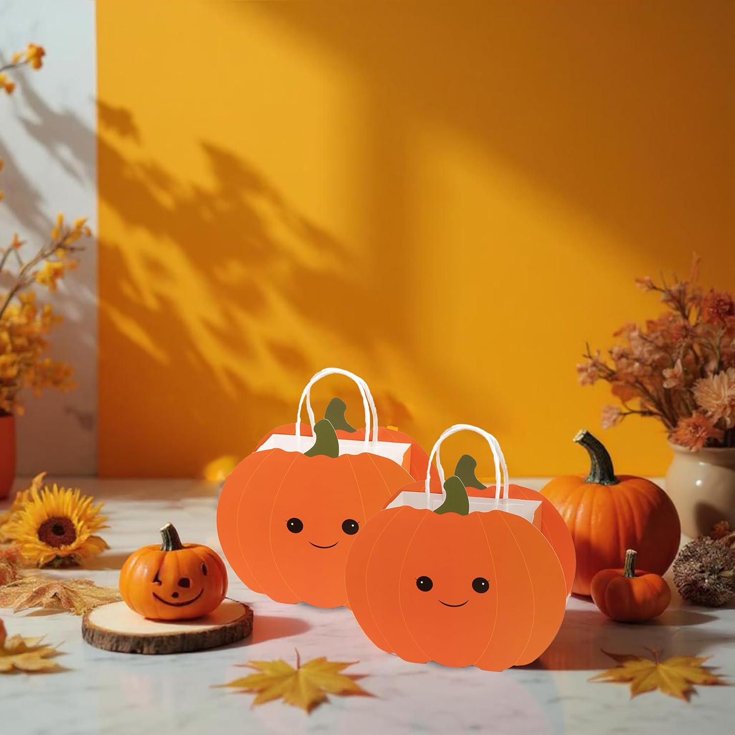 Cheerland Pumpkin Party Decorations Pumpkin Shaped Paper Plates with Treat Bags for Fall Theme Birthday Baby Shower Summerween Thanksgiving Party Supplies