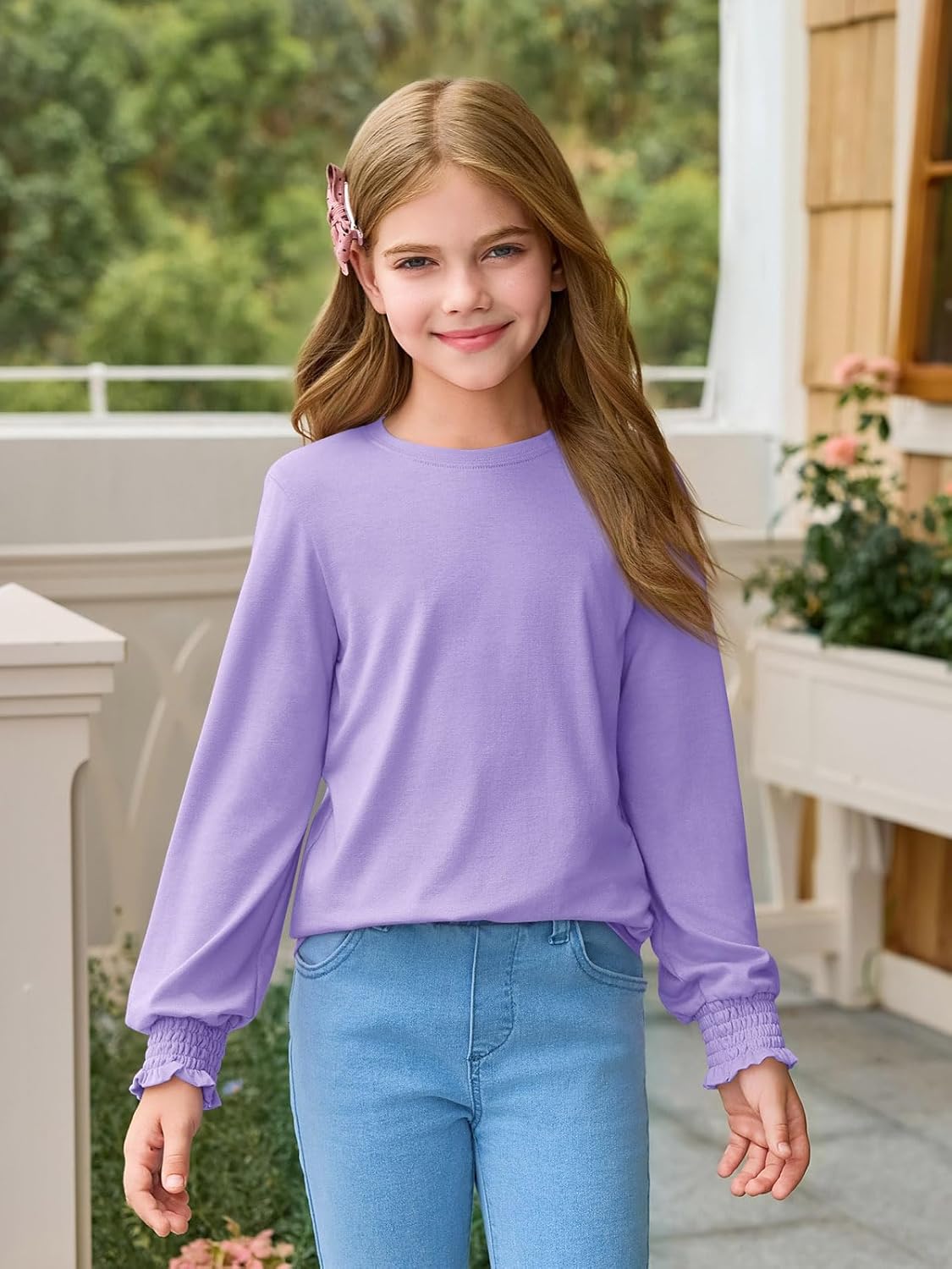 Haloumoning Girls Long Sleeve T Shirts Kids Fall Crewneck Tops Casual Smocked Cuffs Tees 5-14 Years - Image 2