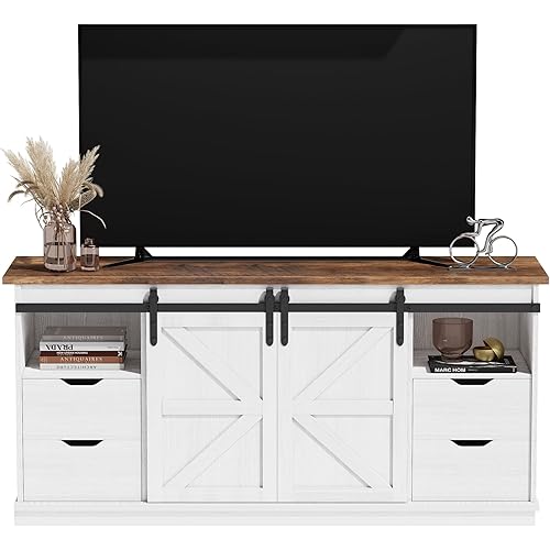 JUMMICO TV Stand with 4 Drawers for 65 Inch TV, Entertainment Center with Storage Cabinets and Sliding Barn Doors, Mid Century Modern Media TV Console Table for Living Room Bedroom (Bright White)