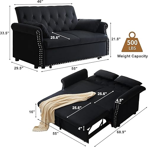 Miniatura 9 de ARCLIS Sofá cama extraíble de 55 pulgadas, sofá biplaza de terciopelo, sofá cama pequeño y matrimonial, moderno sofá cama convertible con respaldo