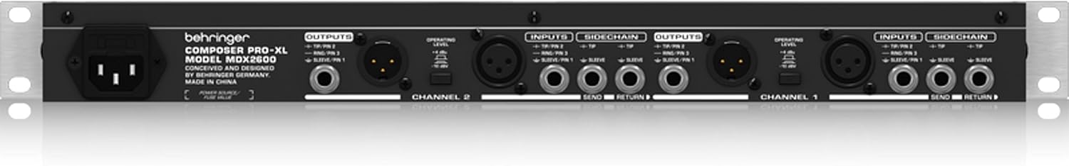 Rear view of the Behringer Composer Pro-XL MDX2600 showing input, output, and sidechain connections.