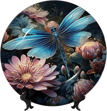 Bone China Decorative Plate 6in Art Crafts Ceramic Decorative Plates with Display Stand Water lily and dragonfly Dinner Plates Round Ceramic Ornaments Art Porcelain Plate for Home Office Wall Decor