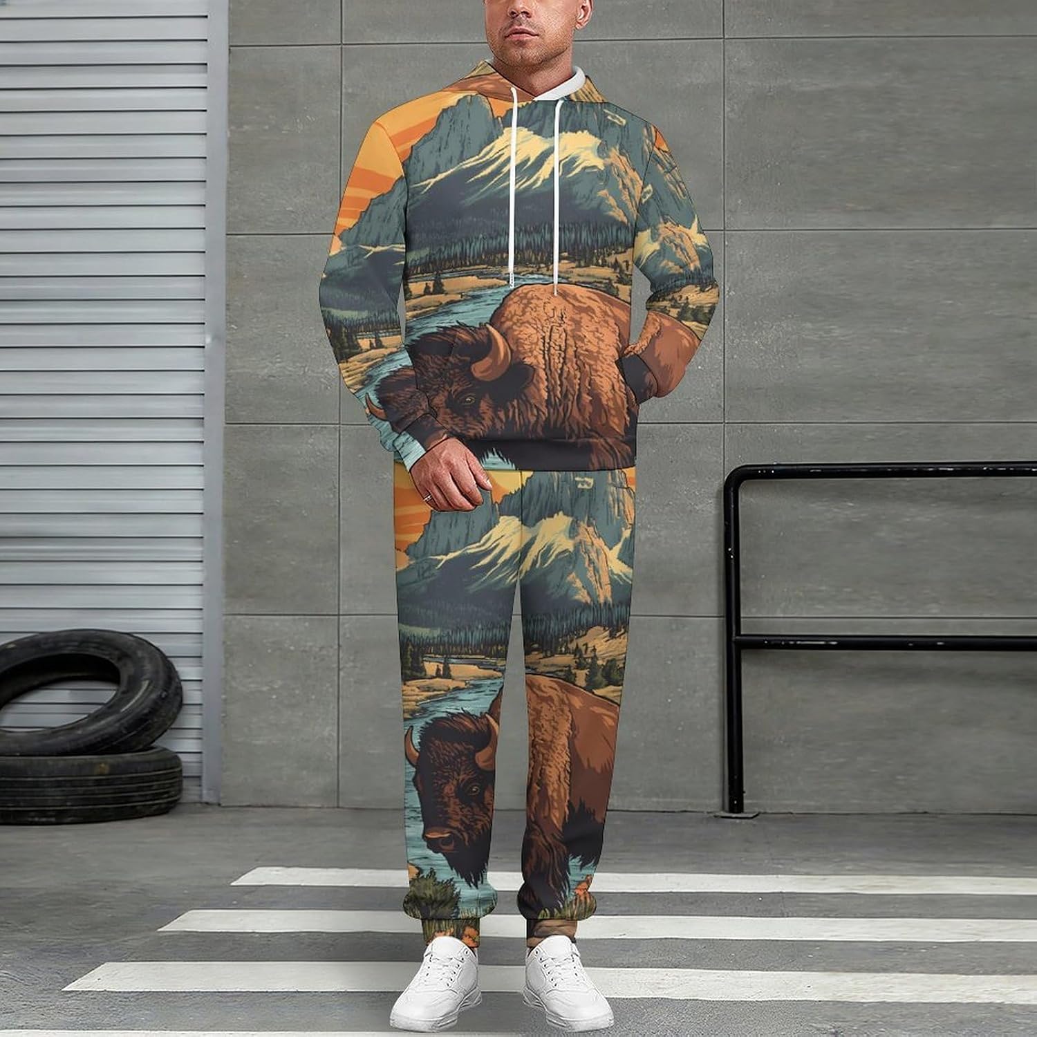 Vintage Bison In Mountains Sweatshirts for Men Two Piece Casual Hoodie Tracksuit Jogger Pants