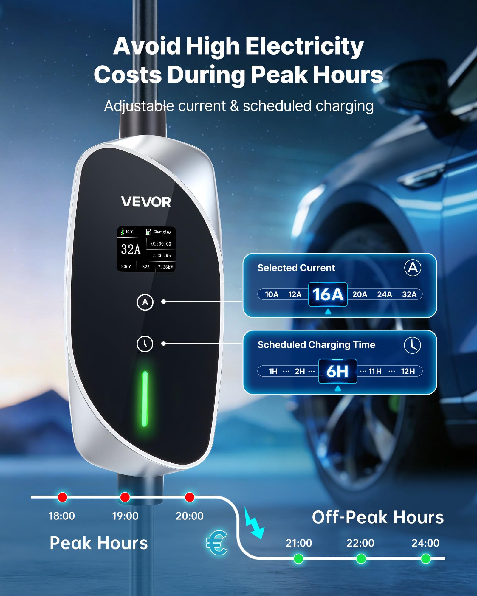 VEVOR Chargeur Voiture Électrique 7,4 KW Borne de Recharge Véhicule Électrique Mobile 32 A avec Câble Recharge Type 2 6 m, Prise CEE 32 A Monophasé, Écran LCD, Courant Réglable, Boîtier Commande IP66