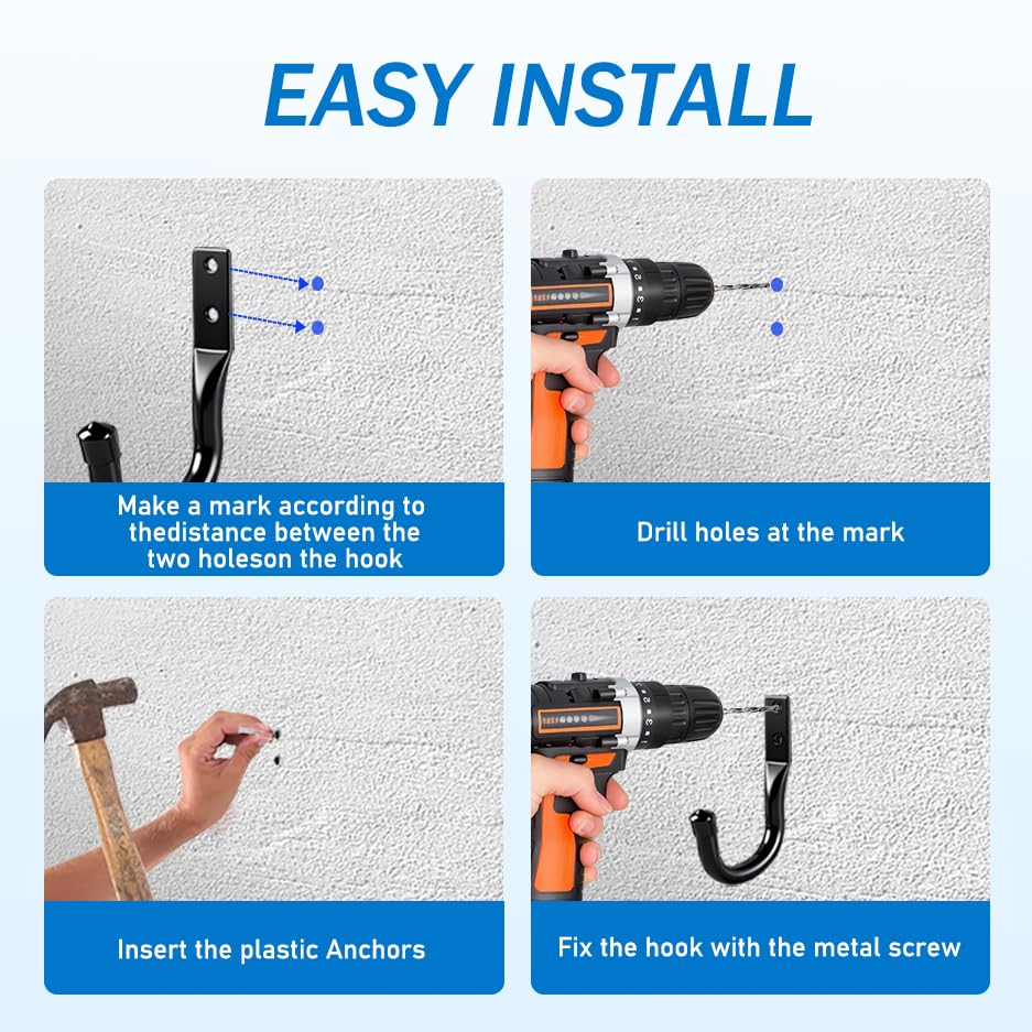 6 Pcs Gancho Pared de Garaje Resistentes, Gancho Bicicleta Ganchos para Colgadores de Pared Negro, Soporte Ganchos en J para Herramientas de Jardín Eléctricas