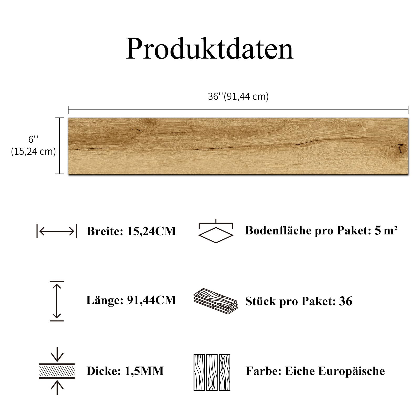 Mysflosy Vinylboden Selbstklebend, PVC Bodenbelag holzoptik wasserdicht, Eiche Europäische 15,24 cm x 91,44 cm vinyl bodenbelag, 36 Dielen, Abdeckung 5 m²