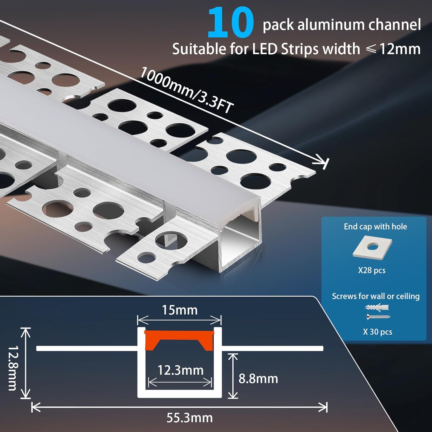 10Pack Curved Plaster in LED Channel 3.3ft Flexible Recessed Drywall Aluminum Strip Light Track with White Diffuser for LED Tape Mounting Profile