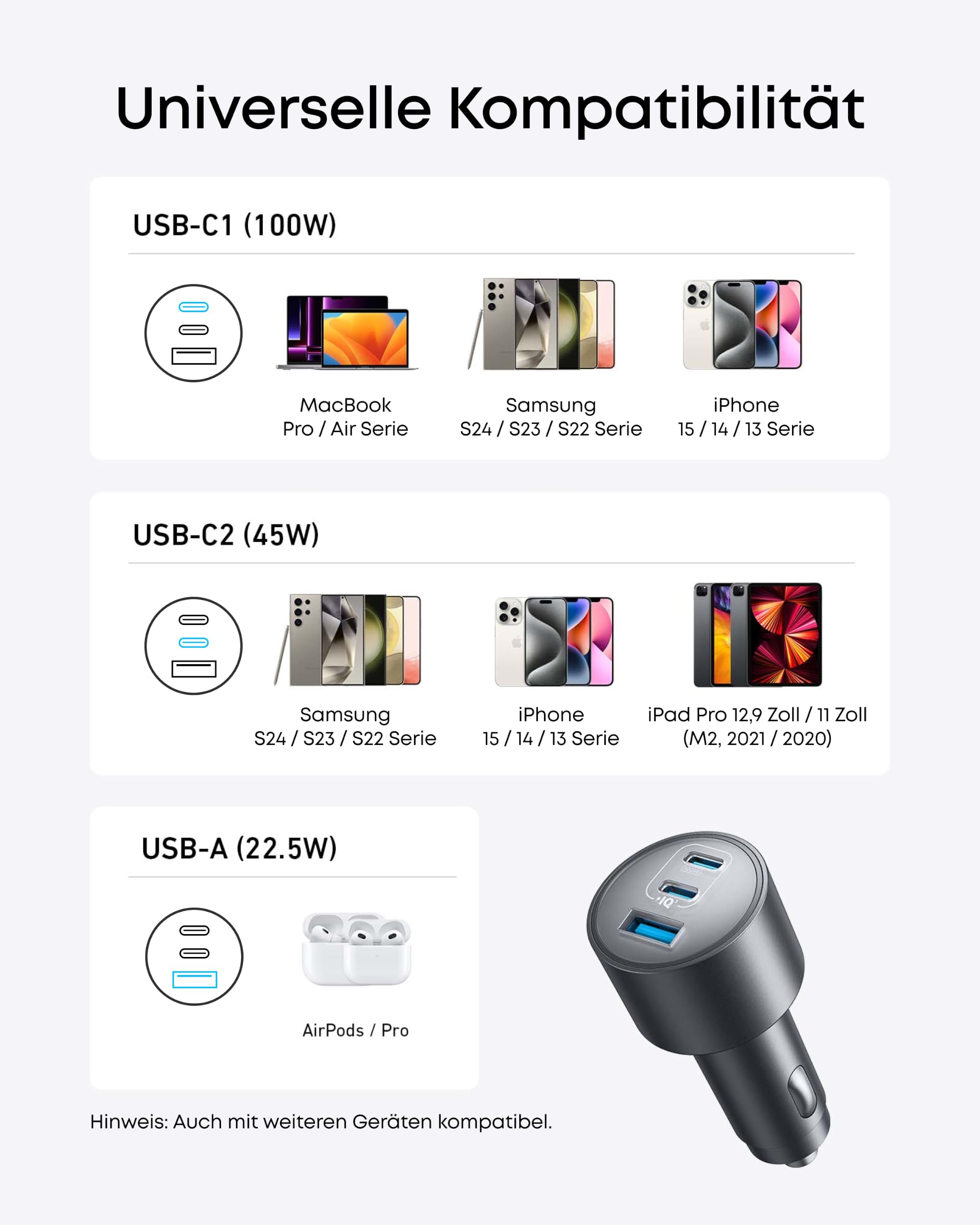 Anker 167,5W max. Zigarettenanzünder USB C, 3 Port kompaktes Typ-C Auto Ladegerät, Kfz-Ladegerät für MacBook Pro/Air, iPhone 17/16/15/14/13 Serie, Samsung S26 / S25, iPad Pro, AirPods und weitere