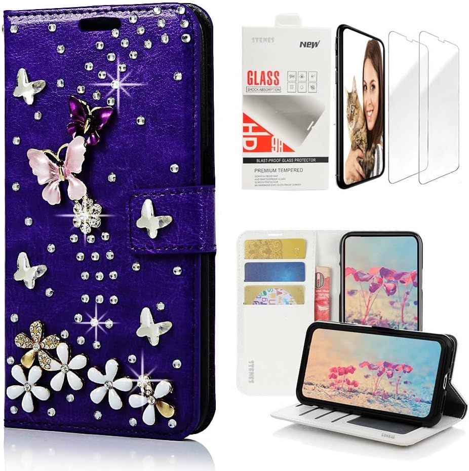 STENES Bling Wallet Phone Case Compatible with iPhone 13 - Stylish - 3D Handmade Pretty Stones Design Leather Cover with Screen Protector [2 Pack] - Purple
