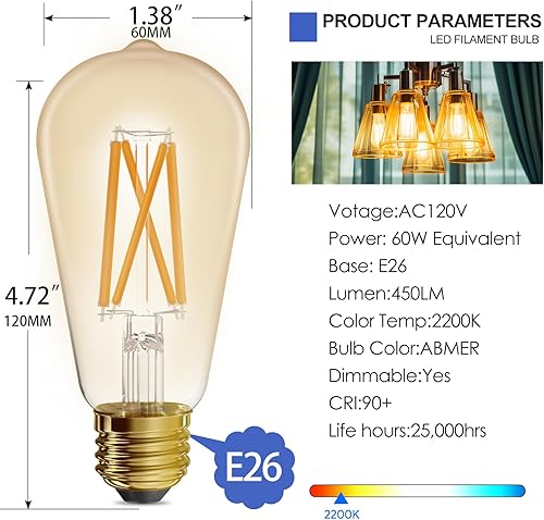 Miniatura 2 de ST19 - Bombilla de filamento ámbar brillante vintage, Edison de 5 W, con vidrio ámbar, 90+ de alto CRI, regulable 2200 K blanco ámbar, base media