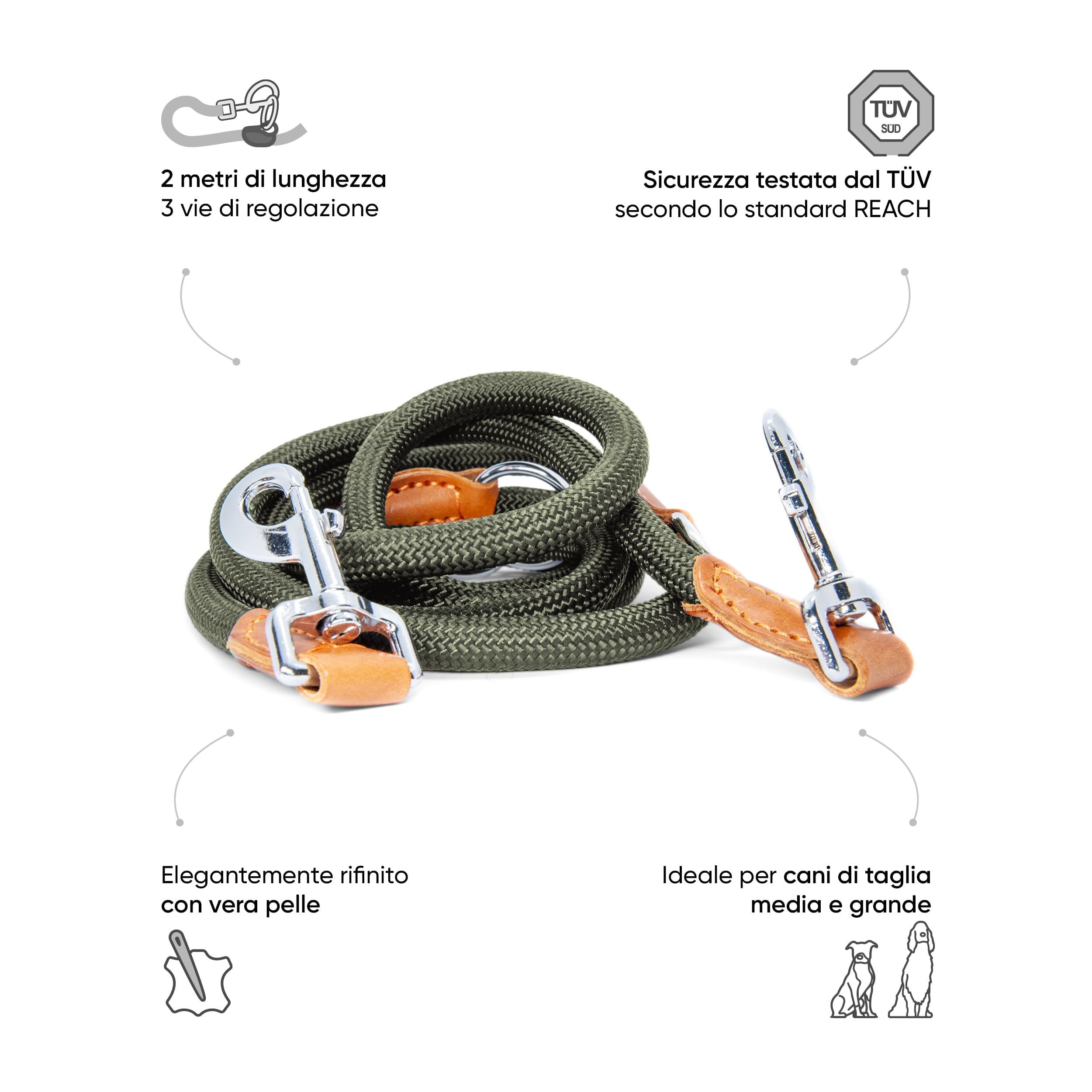 FREUDENTIER Guinzaglio per cani 2m - Guinzaglio regolabile - Robusto nylon rifinito con eleganti elementi in pelle marrone - Guinzaglio per cani di taglia media e grande (verde bosco)
