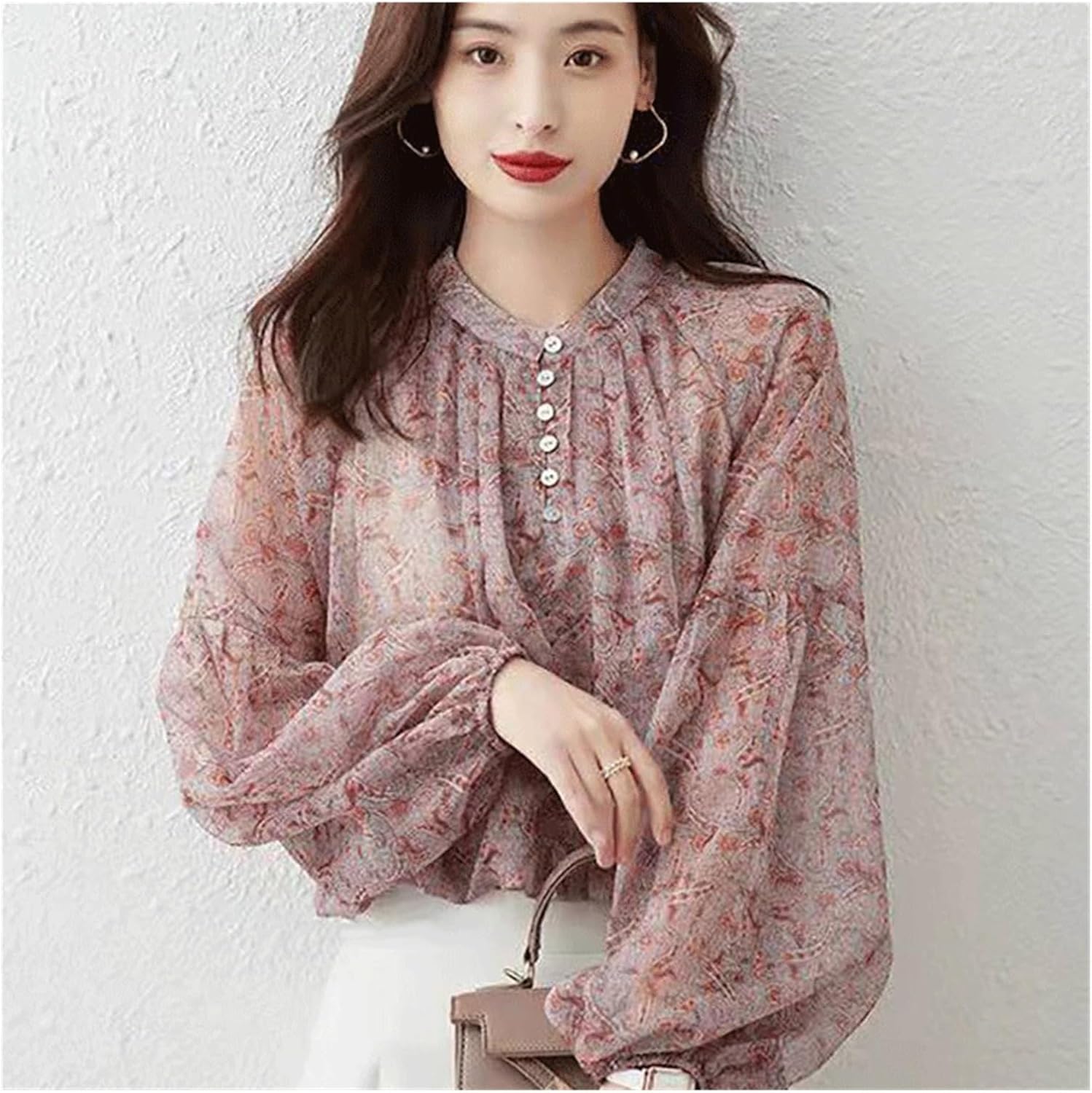 YMZTDDE 甘いプリントボタンシフォンひだランタンスリーブシャツ女性服カジュアルトップスオフィスレディブラウス(2XL (60-