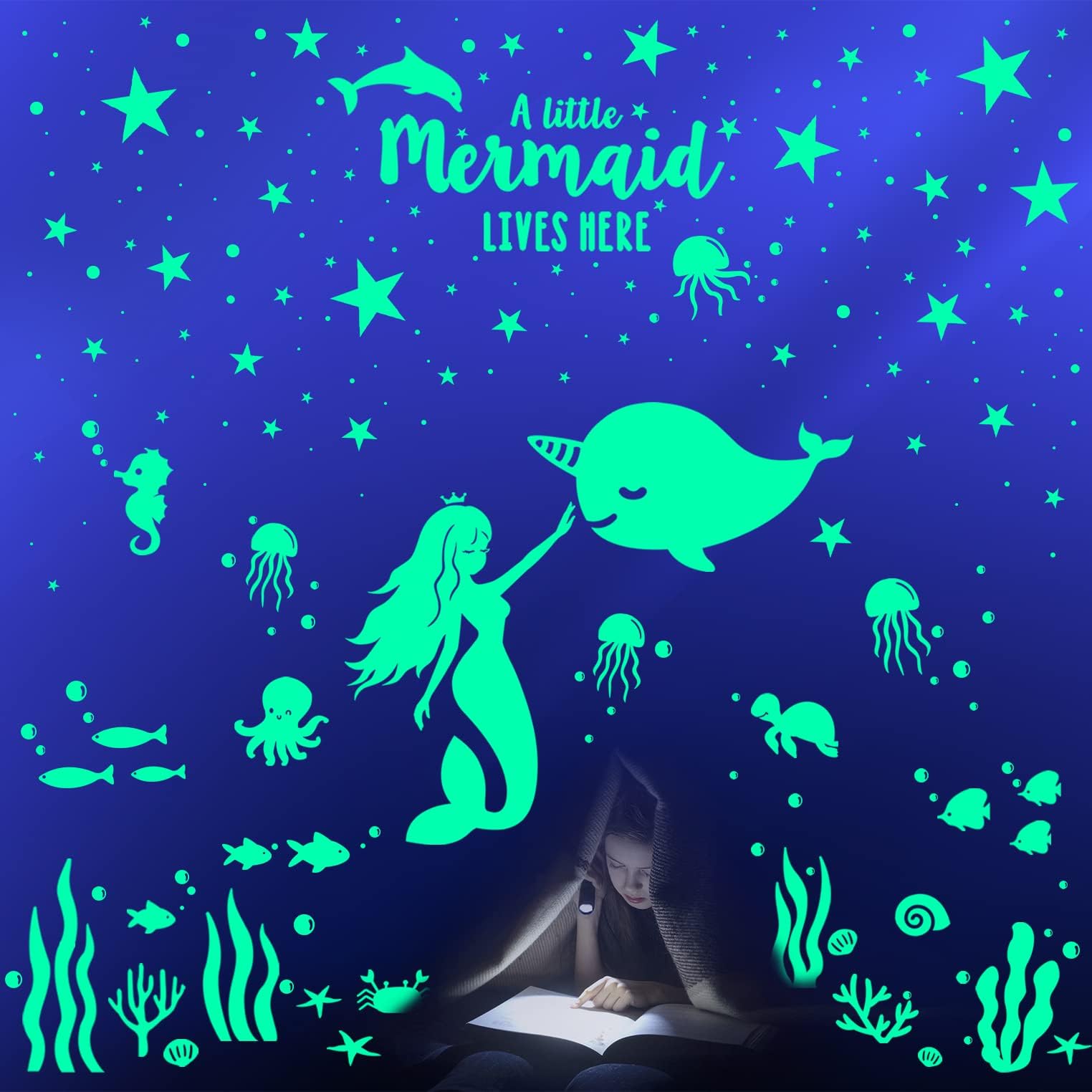 476 PCS Ocean Fish Wall Decals, Glow in The Dark Stars Under The Sea Wall Decals, Mermaid Narwhal Fish Wall Stickers, Glow in The Dark Stars for Ceiling, Under The Sea Party Wall Decal for Kids Rooms