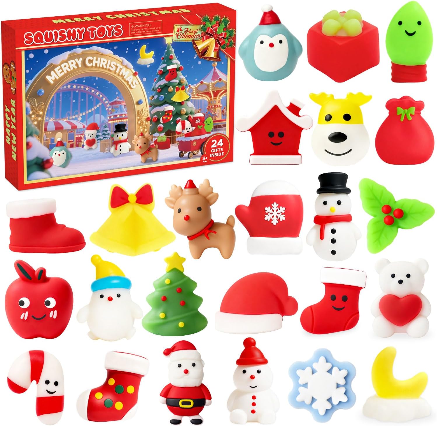 2025 Christmas Advent Calendar with Squishy Toys, 24 Days Countdown Calendar with 24 Cute Mochi Toys, Xmas Gift Classroom Prizes, Christmas Party Favor Gifts for Kids