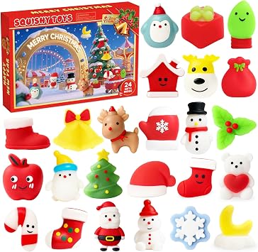 2025 Christmas Advent Calendar with Squishy Toys, 24 Days Countdown Advent Calendar with 24 Cute Mochi Toys, Kids Boys Girls Party Favor, Xmas Gift Classroom Prizes, Christmas Party Favor Gifts