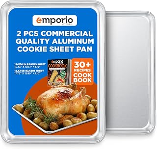 Emporio Kitchen Baking Pan Set - Medium and Large Aluminum Cookie Sheet Pan (10.5" x 15" and 13" x 18"), PFOA, PFOS, PTFE Free, Recipe Booklet Included, Oven Safe, Resist Heat Up To 500° F, Set of 2