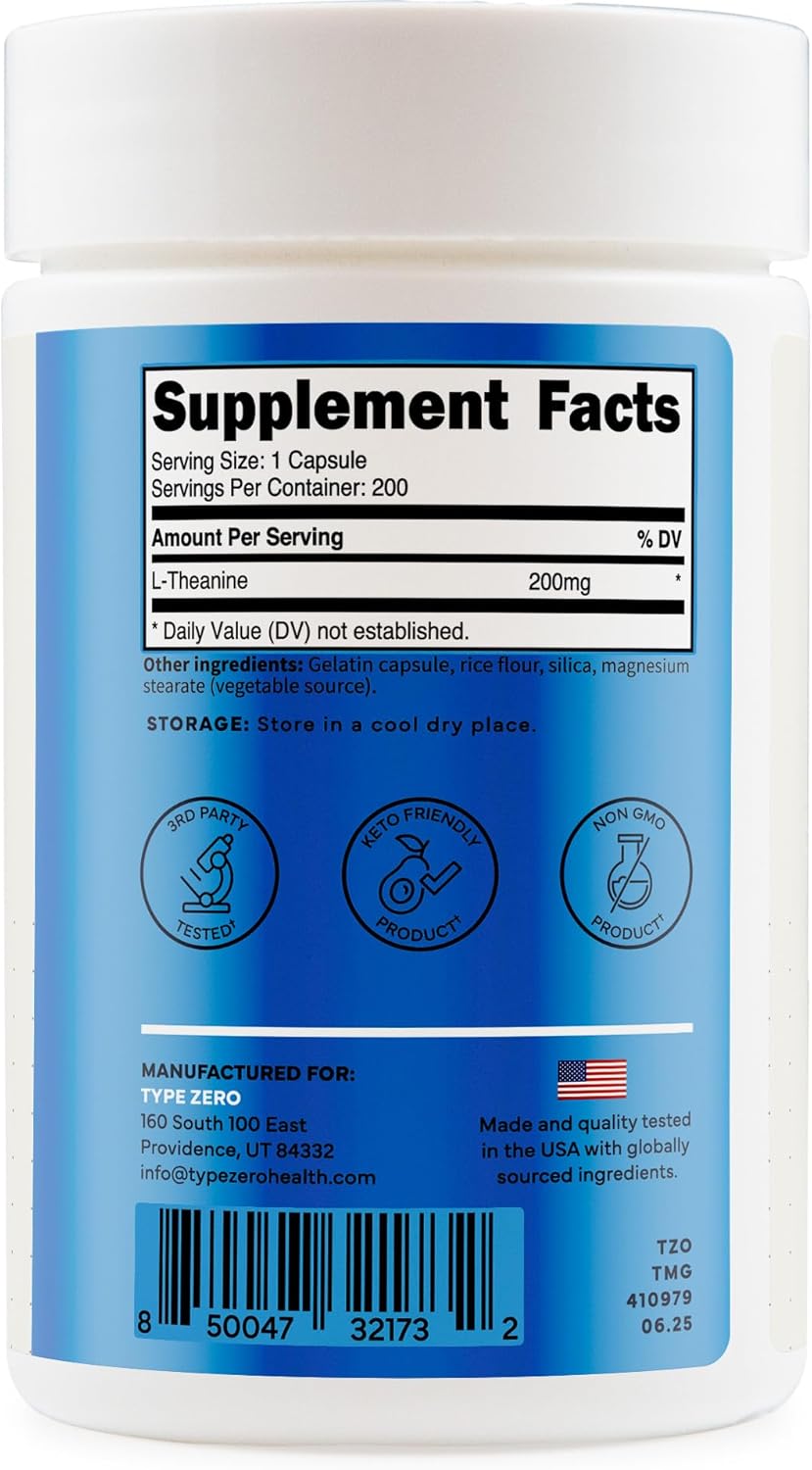 Type Zero L-Theanine (200mg) 200 Capsules - Clean L-Theanine Supplement, Keto, GMO-Free - Image 6