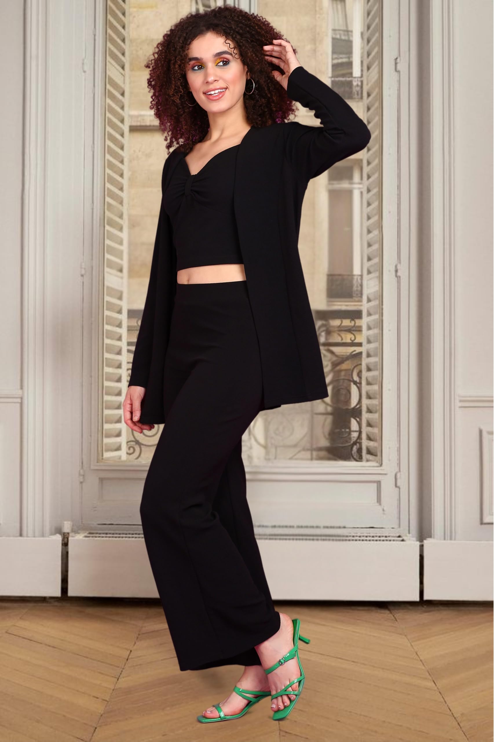 Popwings Casual 3 Pieces Co-Ords Set For Women | Women Shrug Top Trouser Set | Women Shrug Top And Trousers Set Summer Wear| 3 Pieces Co Ords Set For Office Black