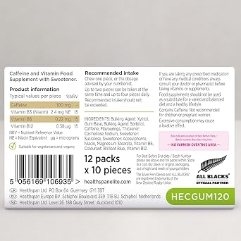 Healthspan Elite Caffeine Chewing Gum | 100mg Fast-Release Caffeine | All Blacks Official Partner | Informed Sport Accredited | Energy | Mint Flavoured | Vegan (120 Pieces)
