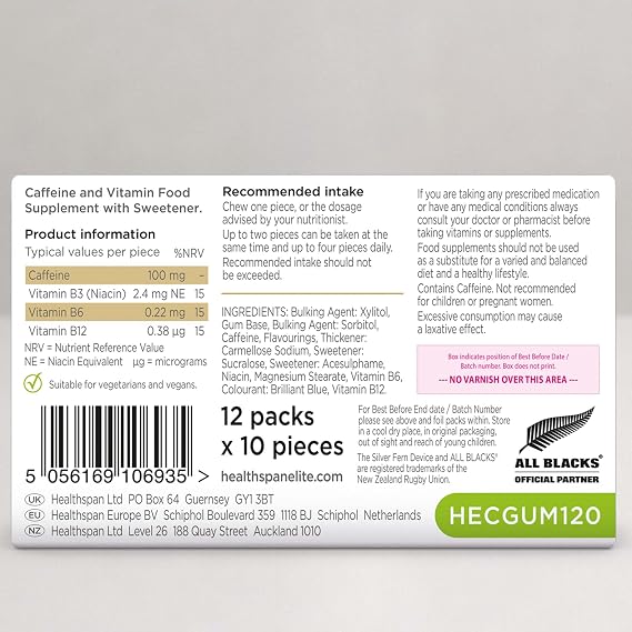 Healthspan Elite Caffeine Chewing Gum | 100mg Fast-Release Caffeine | All Blacks Official Partner | Informed Sport Accredited | Energy | Mint Flavoured | Vegan (120 Pieces)