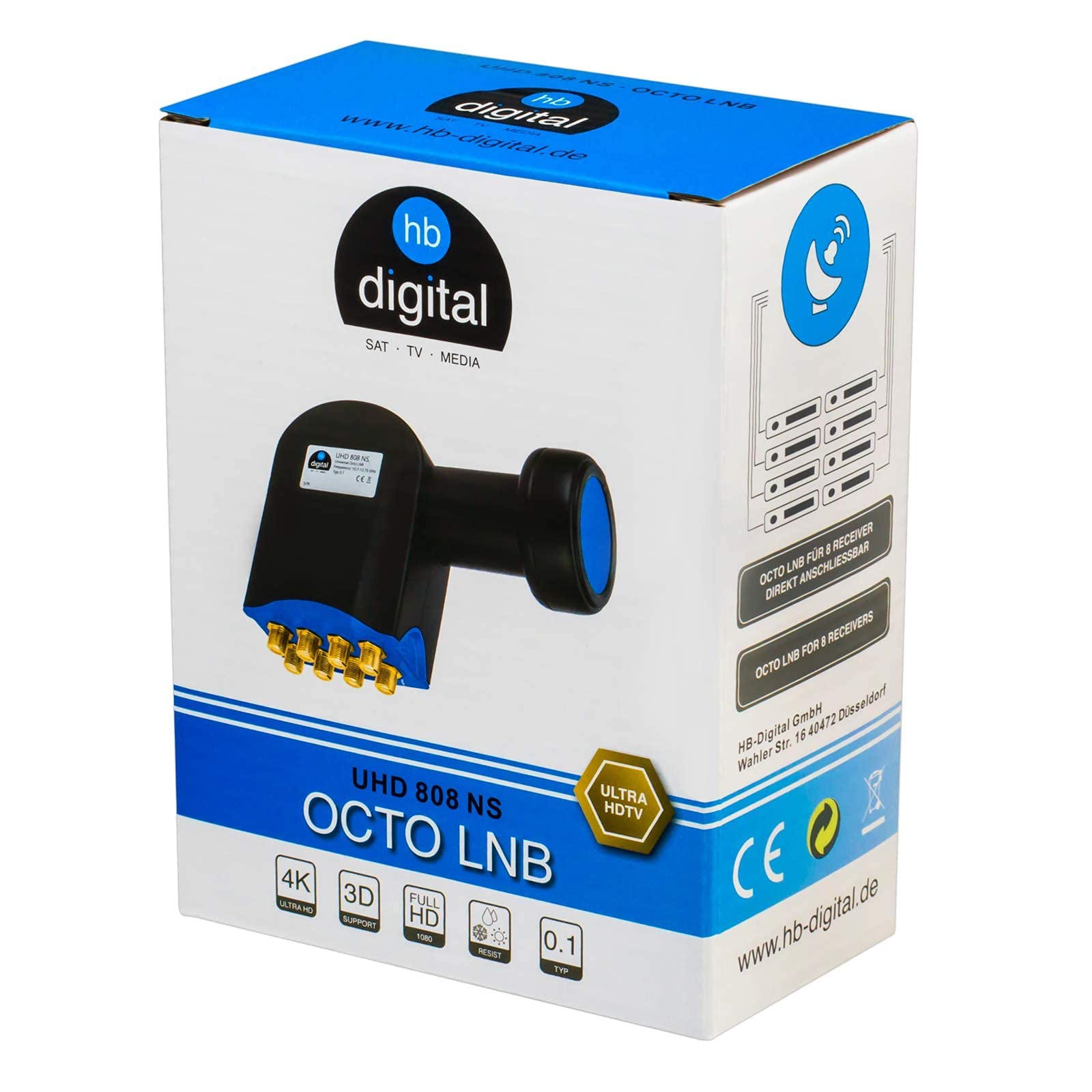 HB-DIGITAL Connecteur Octo LNB LNC avec 8 sorties Full HD TV 3D + contacts plaqués or + protection contre les intempéries (extensible), set avec 8 fiches F