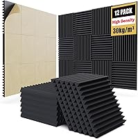 Jancane 12-Pack 12x12x1" Self-Adhesive High-Density Acoustic Foam Panels - Fire-Resistant Soundproof Wedges for Studio, Office & Home Theater