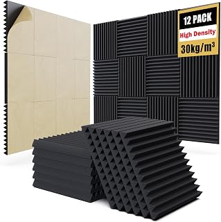 Jancane 12-Pack 12x12x1" Self-Adhesive High-Density Acoustic Foam Panels - Fire-Resistant Soundproof Wedges for Studio, Office & Home Theater