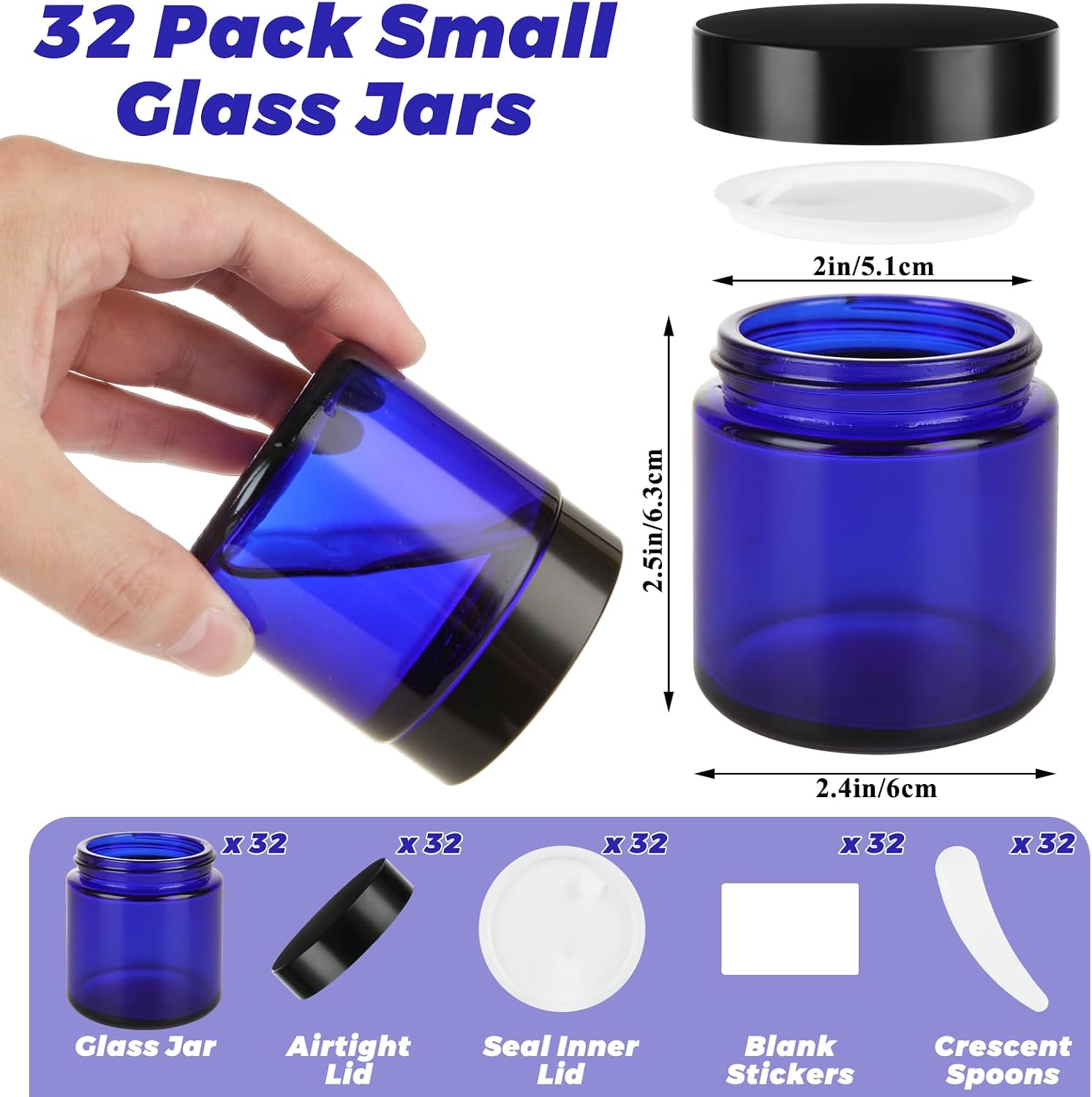 Acrux7 32 Pack 4 oz Blue Glass Jars with Lids, Small Cosmetic Containers