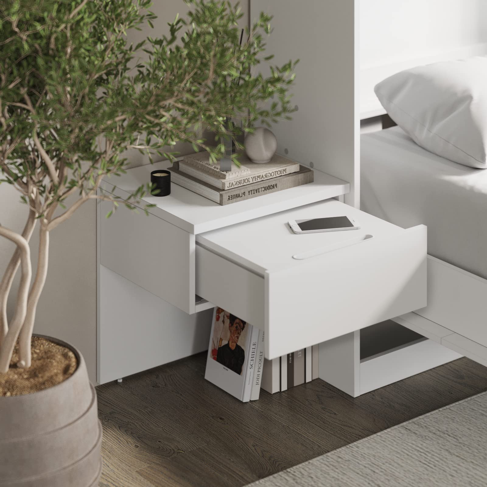 SMARTBett Set Letto a Scomparsa Classico Orizzontale 160x200 con 2 Comodini Bianchi