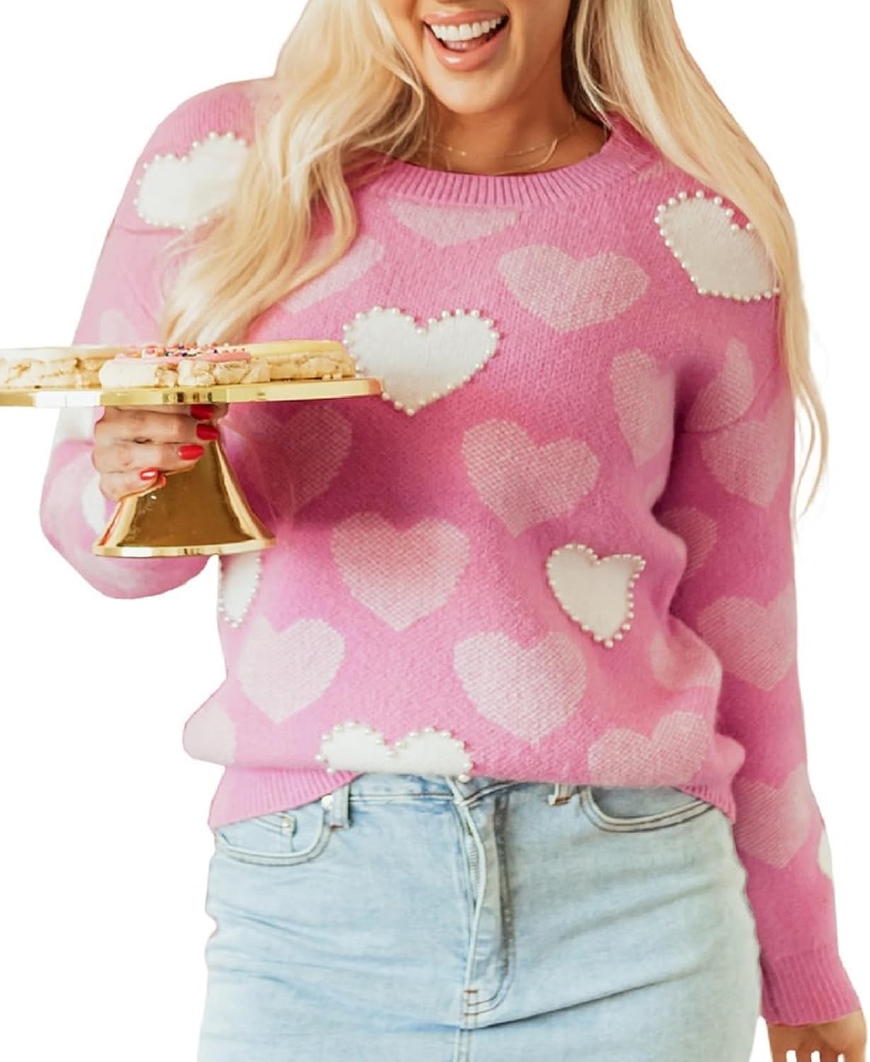 Pearl Sweater for Women Love Heart Graphic Knitted Sweatshirts Cute Oversized Pullover Shirts