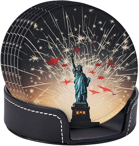 Miniatura 4 de Juego de 6 posavasos de estatua de la libertad y fuegos artificiales para mesa de café, posavasos de cuero absorbente para bebidas con soporte,
