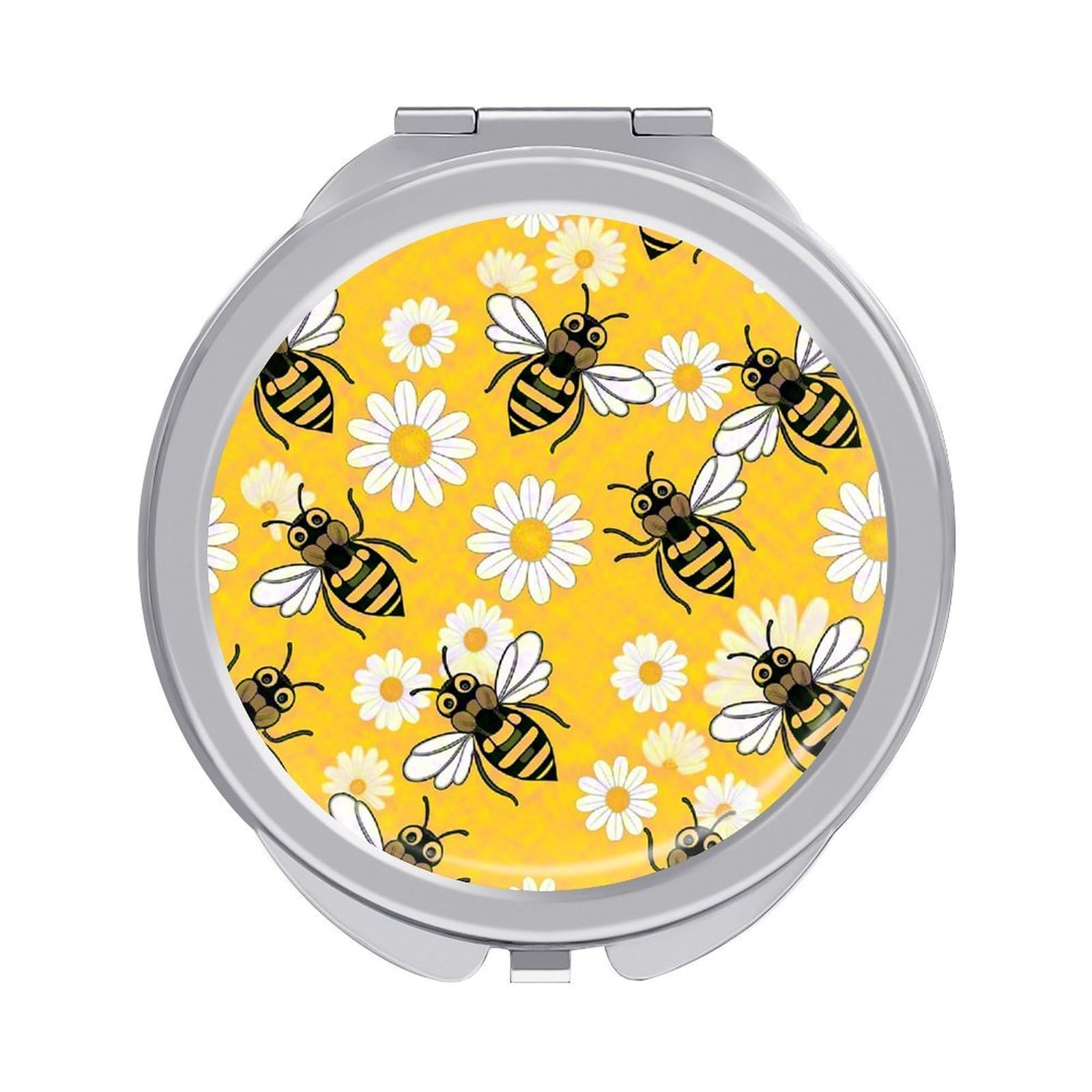 VstaDank Bee Daisy Pattern Travel Makeup Mirror 2 X /1 X Magnifying Mini Vintage Pocket Mirror for Purse Small Portable Folding Small Round Mirrors Portable Vanity Mirrors for Women