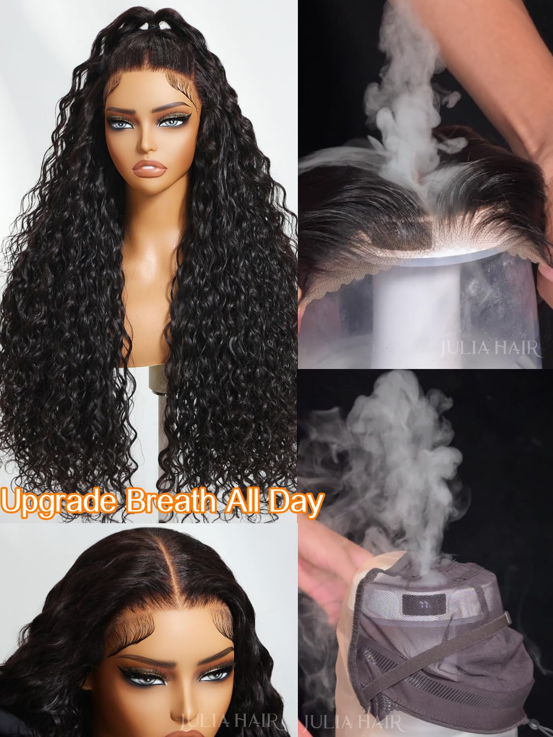 Julia Hair No Slip Water Wave Wig Glueless Flexible Mesh Cap 7x5 HD Lace Closure Human Hair with Drawstring Zero Slip Hold Bye-Bye Slip Wet and Wavy Wigs Pre Cut Bleached Knots Put on and Go 18 Inch