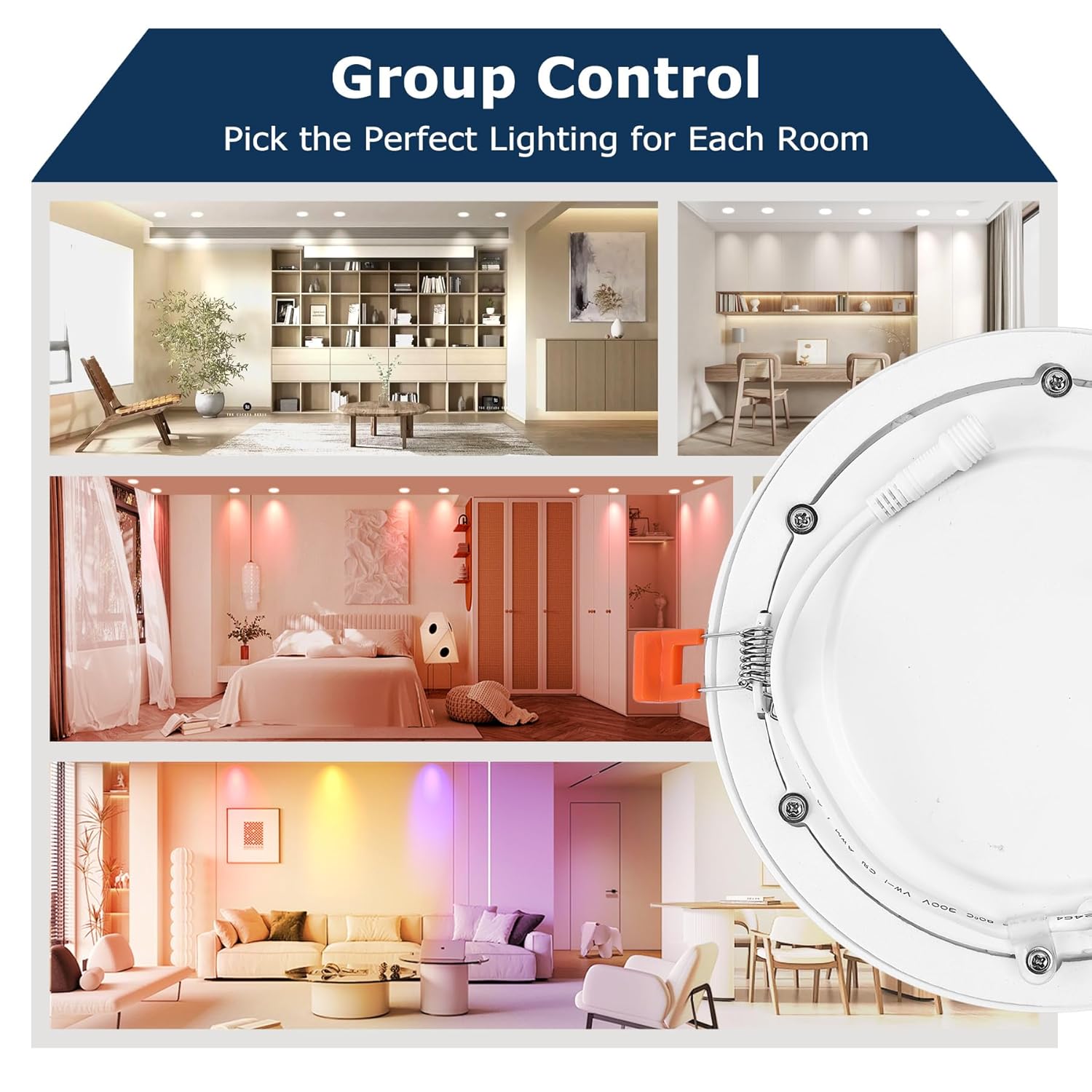 Smart RGB TW(2700K-6500K) Recessed Lighting 6 Inch Color Changing 13W Downlight, 1000 Lumen LED Wafer Light,Damp Location with J-Box Work and Wire Nuts, ETL,4PK