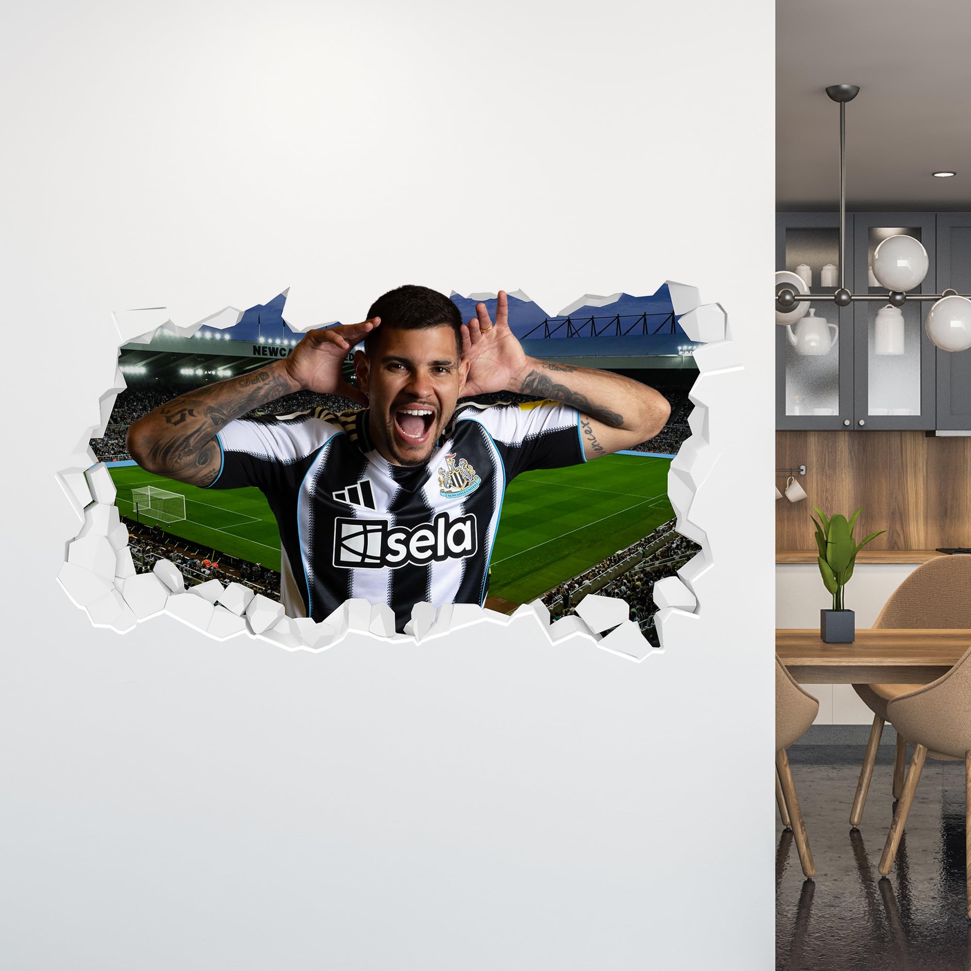 Themed Black Newcastle United Football Club - Bruno 25/26 Broken Wall Sticker (90Cm Width X 50Cm Height)
