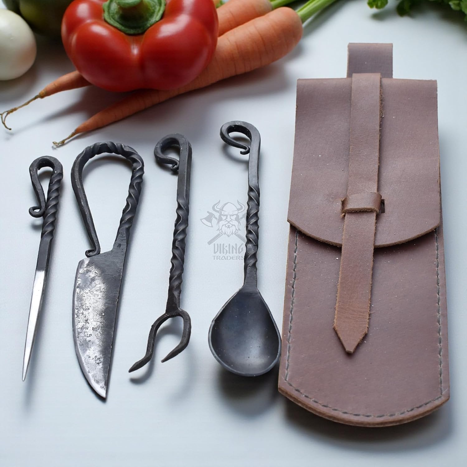 Viking Traders Hand Forged Medieval Viking Cutlery Set with Leather Cover, 4-Piece Knife Fork Spoon Food Stick
