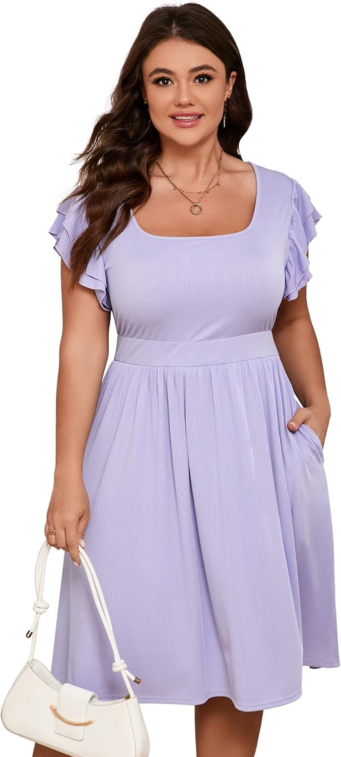 ShopWonder Women Plus Size Midi Dress Short Ruffle Sleeves High Waist Casual Summer Dress with Pockets