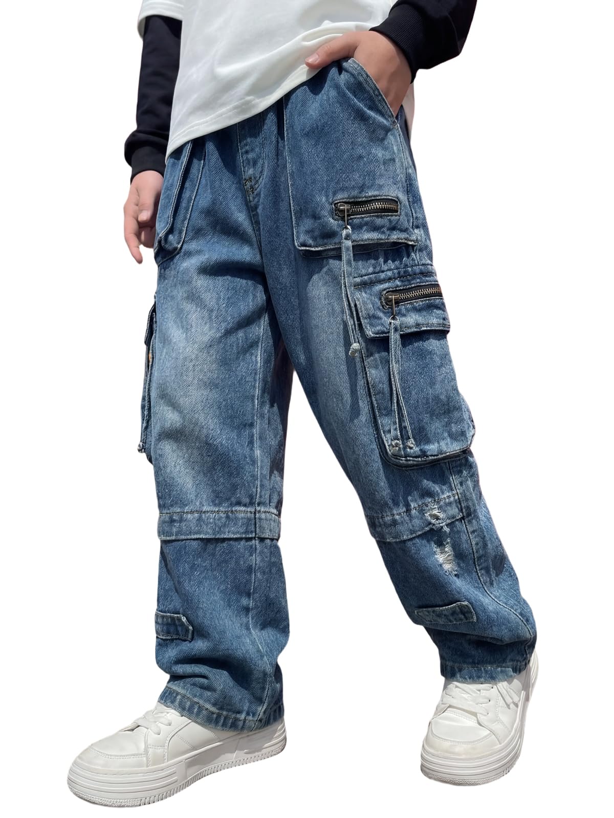 JiAmy Chłopięce spodnie dżinsowe, elastyczny ściągacz, Baggy Jeans chłopięce, szerokie nogawki, Y2k, dziecięce spodnie cargo, bawełna, spodnie dżinsowe dla chłopców i dziewczynek, 120-160 (5-14 lat)