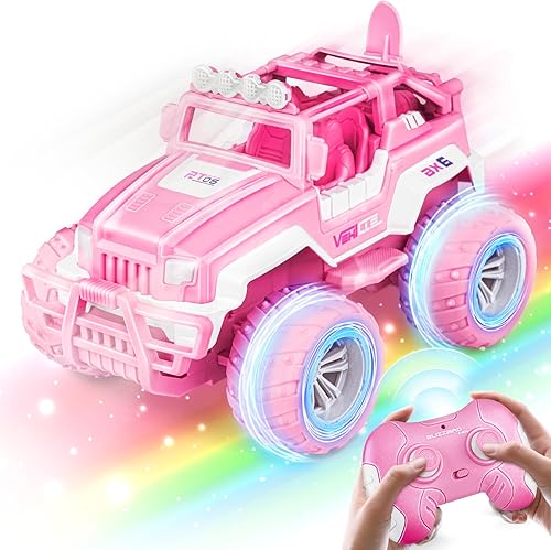 Auto de control remoto rosa para niñas, Jeep RC a escala 116 con luz LED y baterías recargables, 80 minutos de tiempo de reproducción 2.4 GHZ,