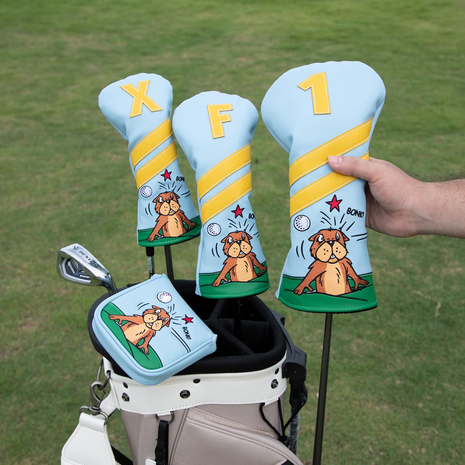 Golfschlägerhauben für Fahrerabdeckungen, Fairway-Holzabdeckungen, Hybrid-Abdeckungen im Gopher-Stil, Premium-Leder, 3-Holz-Schlägerhaube, Set mit austauschbaren Nr. Tags, Golfschlägerabdeckungen