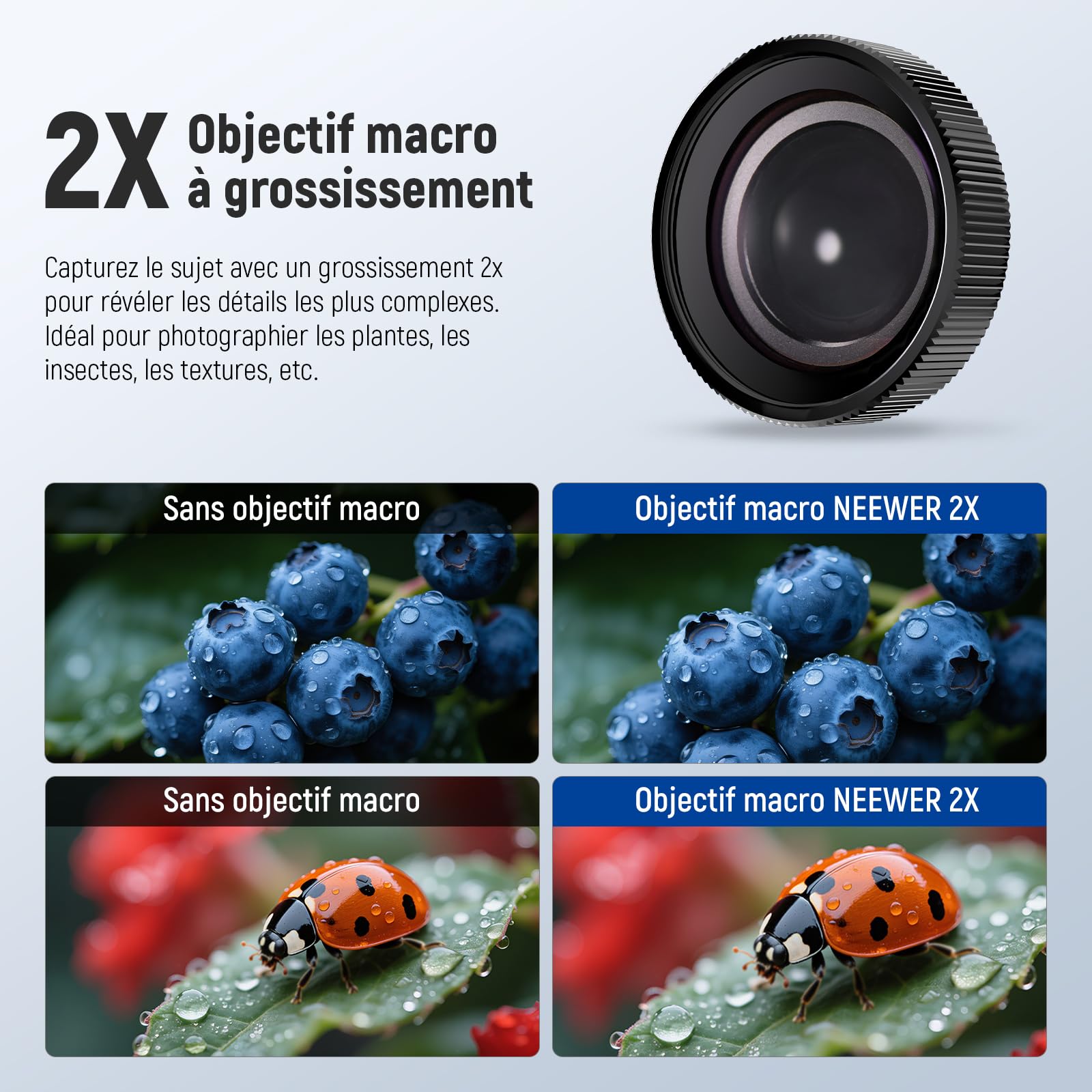 NEEWER Objectif Macro Compatible avecDJI Osmo Action 5 Pro/4 Caméra d'action, Grossissement 2X, 2 Éléments en 1 Groupe, Distance Focale 3-4cm, Accessoire Photographie Gros Plan, Non Étanche, LS-68