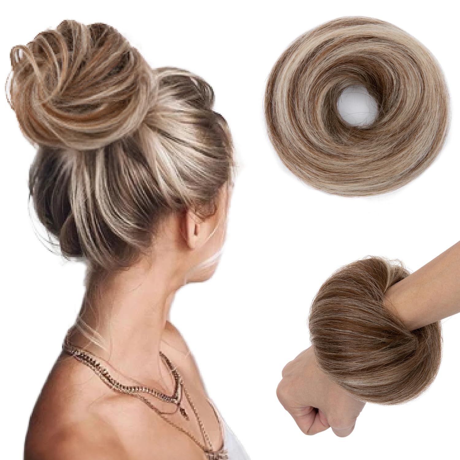 tesshair Messy Bun Hair Piece 100% Real Human Bun Hair Piece Natural Scrunchie Donut with Elastic Band Medium Brown mix Blonde Hairpieces for Women Girls(Medium Brown mix Blonde