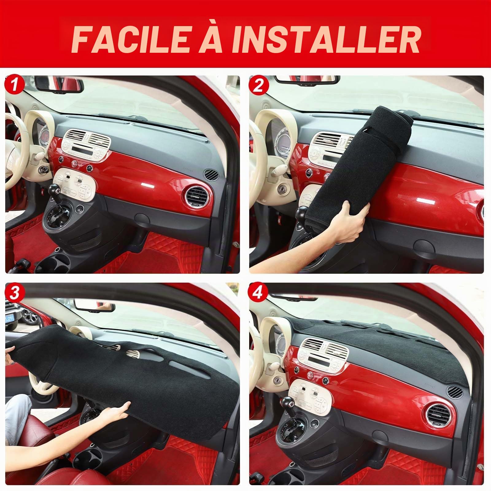 Housse de tableau de bord compatible avec Fiat 500 2008-2023, revêtement intérieur pour tableau de bord de voiture, antidérapant, anti-UV, protection solaire (noir, avec conduite à gauche)