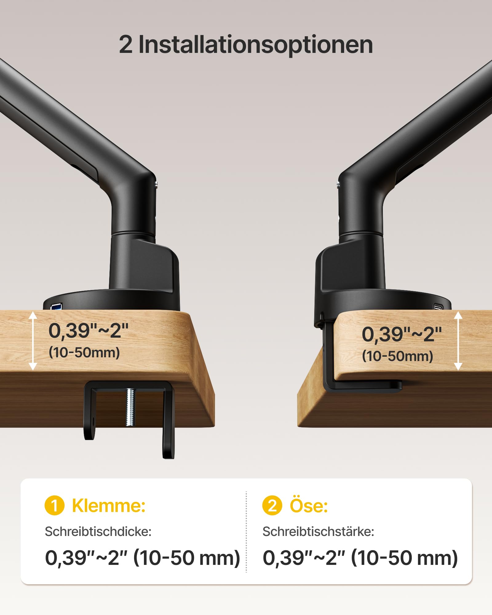 monTEK Monitor Halterung für 17-40 Zoll Bildschirm mit USB, Schwarz | Tragfähigkeit 11KG, Stabil, Höhenverstellbare Gasdruckfeder Monitor Arm mit Klemmschelle/ Tischdurchführung, VESA 75/100mm