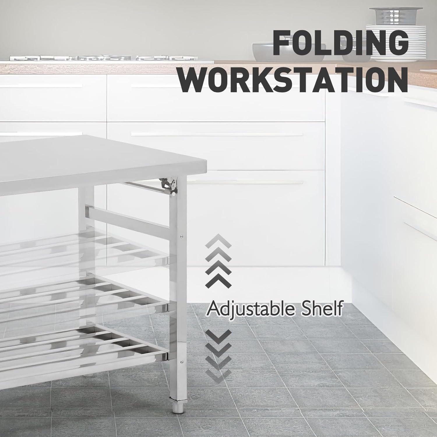 60x24 inch Stainless Steel Work Table, NSF Commercial Folding Table with Adjustable Undershelf, Heavy Duty Stainless Steel Prep Work Table for Restaurant, Kitchen