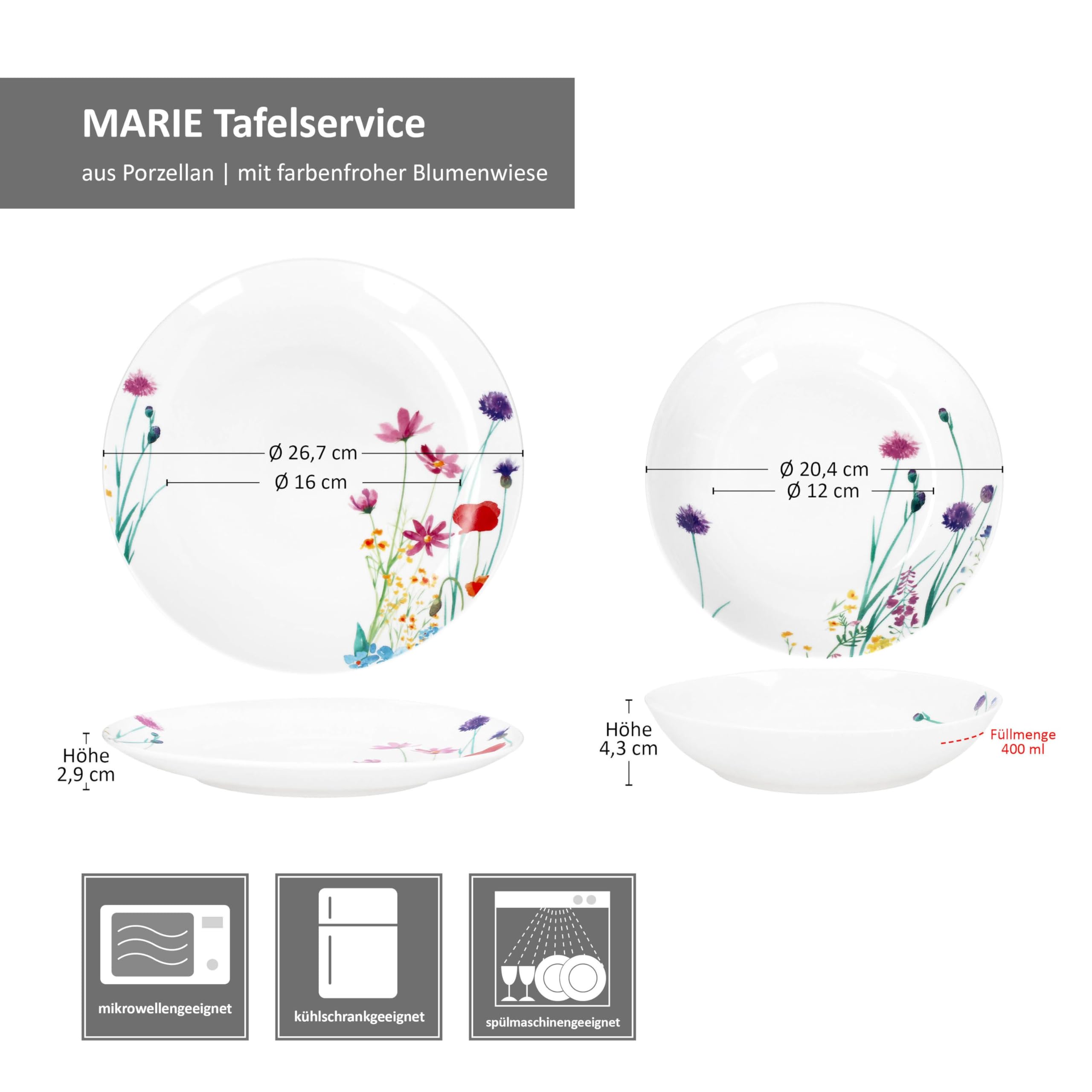 MamboCat Marie 12tlg Tafelservice I Porzellan-Geschirr mit Blumenwiese-Dekor für 6 Personen I 6X Suppenteller & 6X Speiseteller für Frühstück, Mittag & Abendbrot