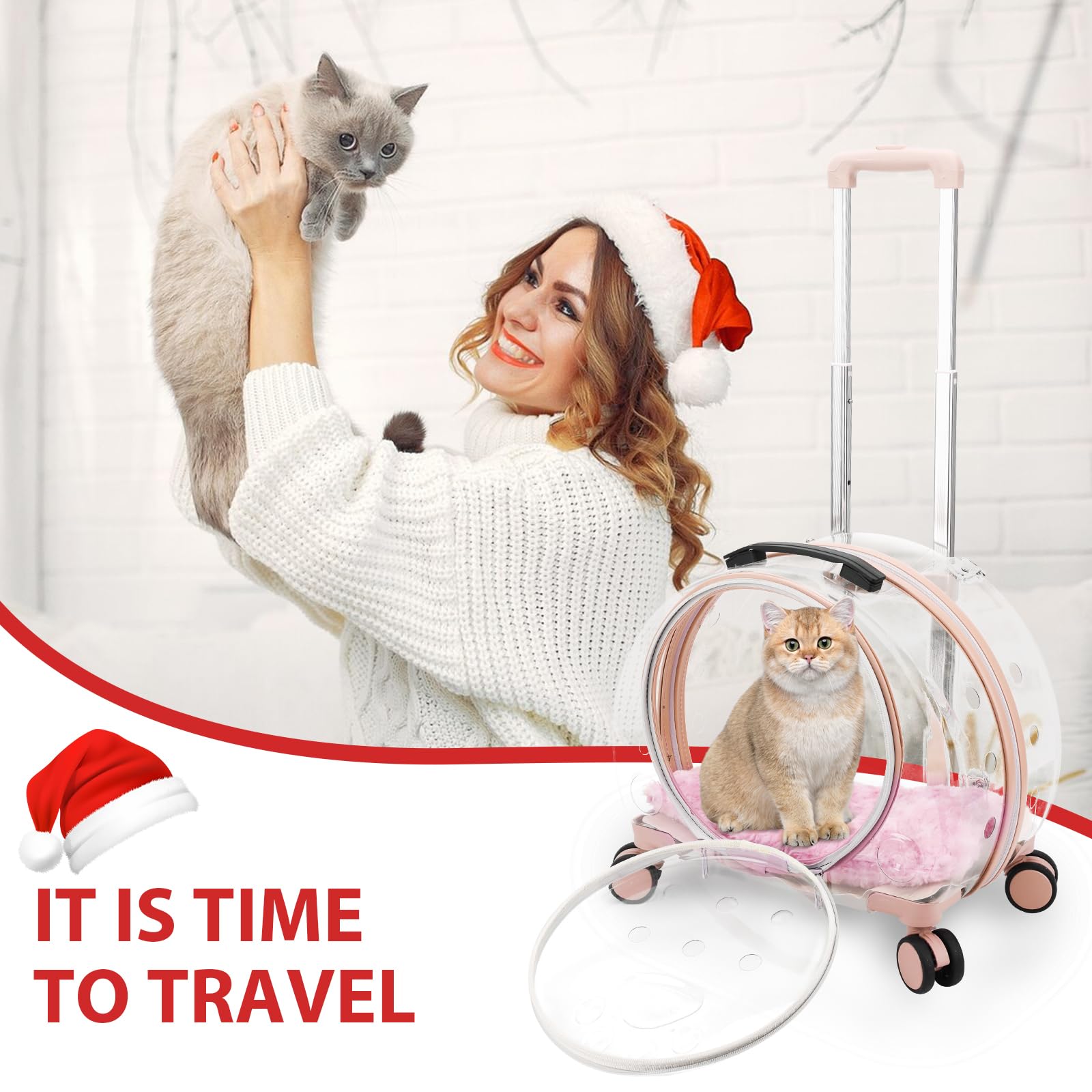 Transportín transparente y totalmente transpirable para gatos con ruedas giratorias para perros, gatos o conejos, más opciones de transporte, perfecto para viajar/hacer un paseo (rosa)